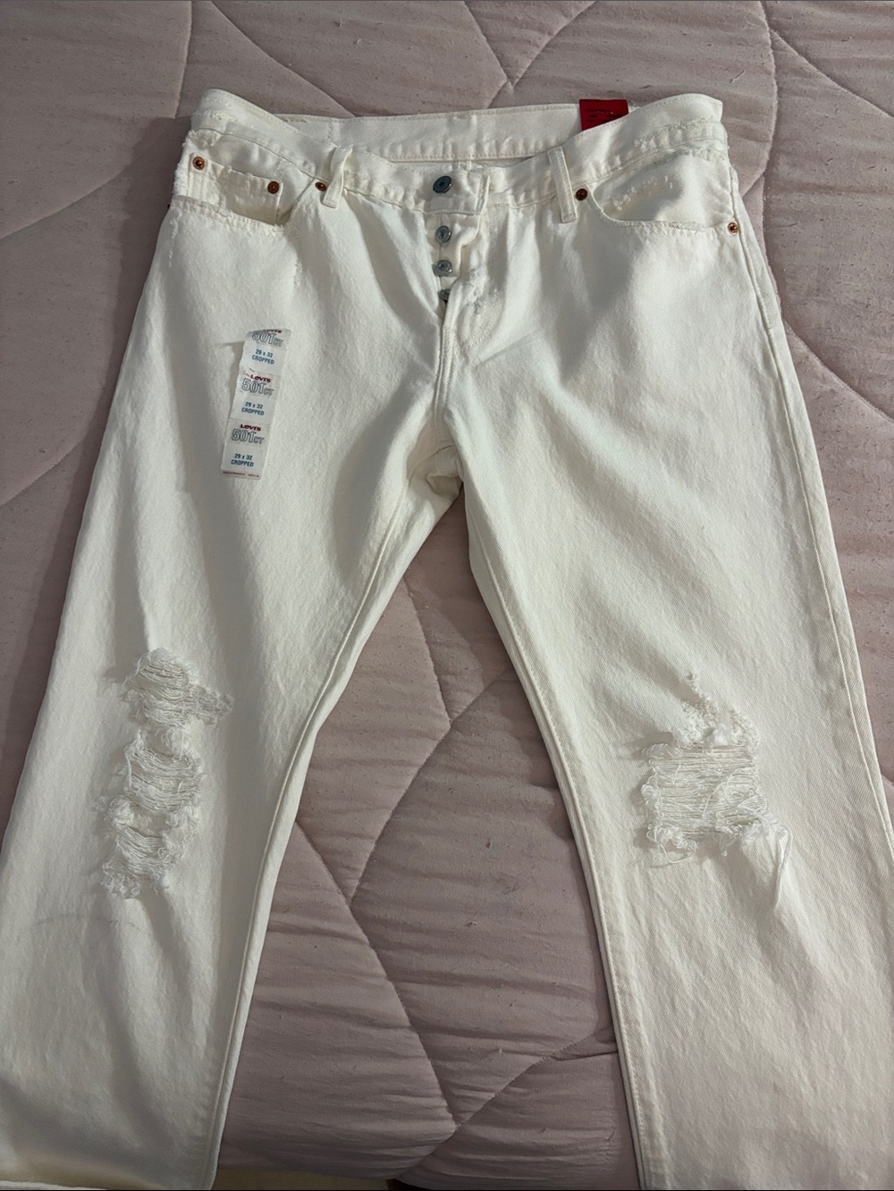 Levi’s 501 White Distressed Button-Fly Jeans